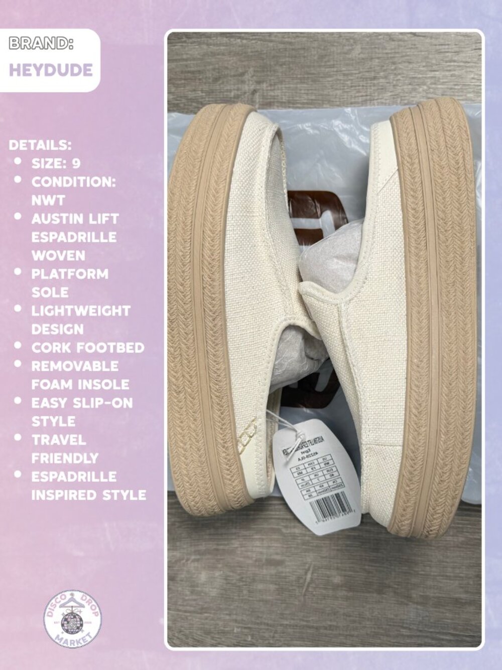 HeyDude Austin Lift Espadrille Woven Size 9 NWT NEW SPRING COLOR EGRET